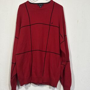 Nautica Vintage Red Plaid Mens Cotton Crewneck Sweater Medium